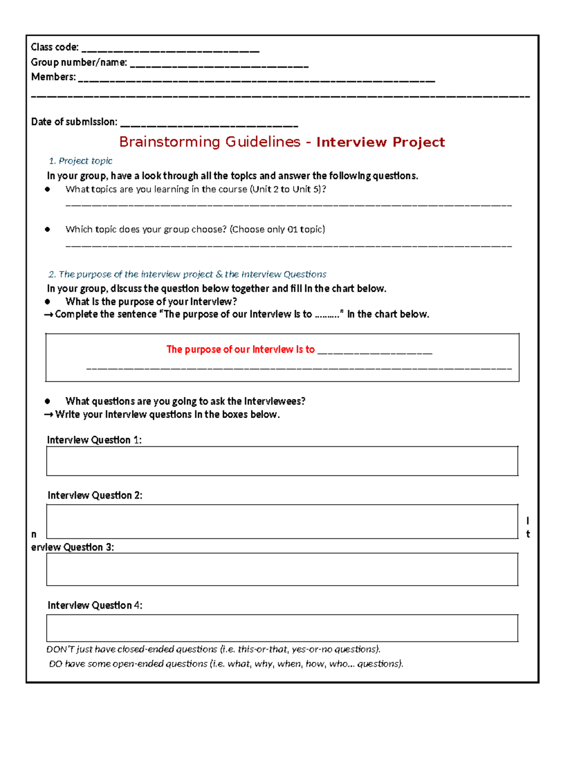 Group Project: Brainstorming Guidelines for Interview Project (Unit 2-5 ...