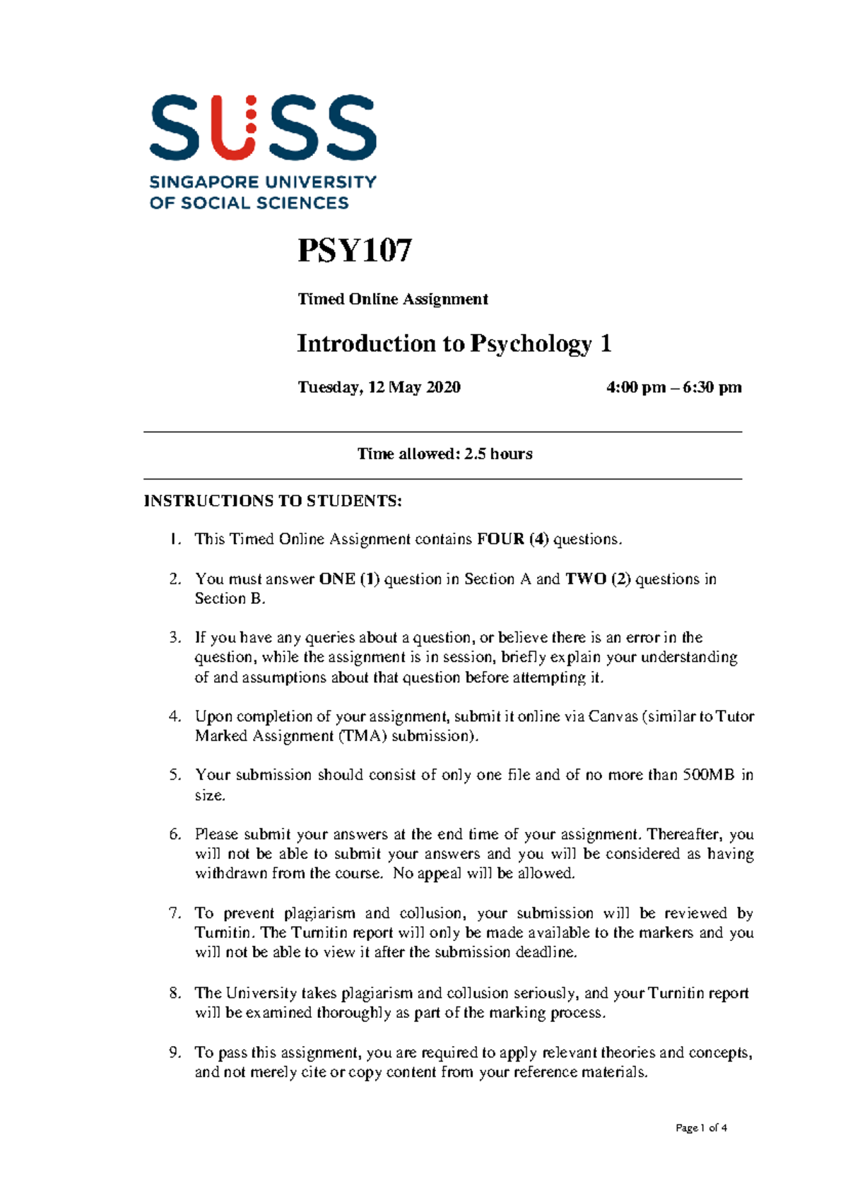 PSY101 Timed Online Assignment - Test 7, 12 May 2020 Questions - Studocu