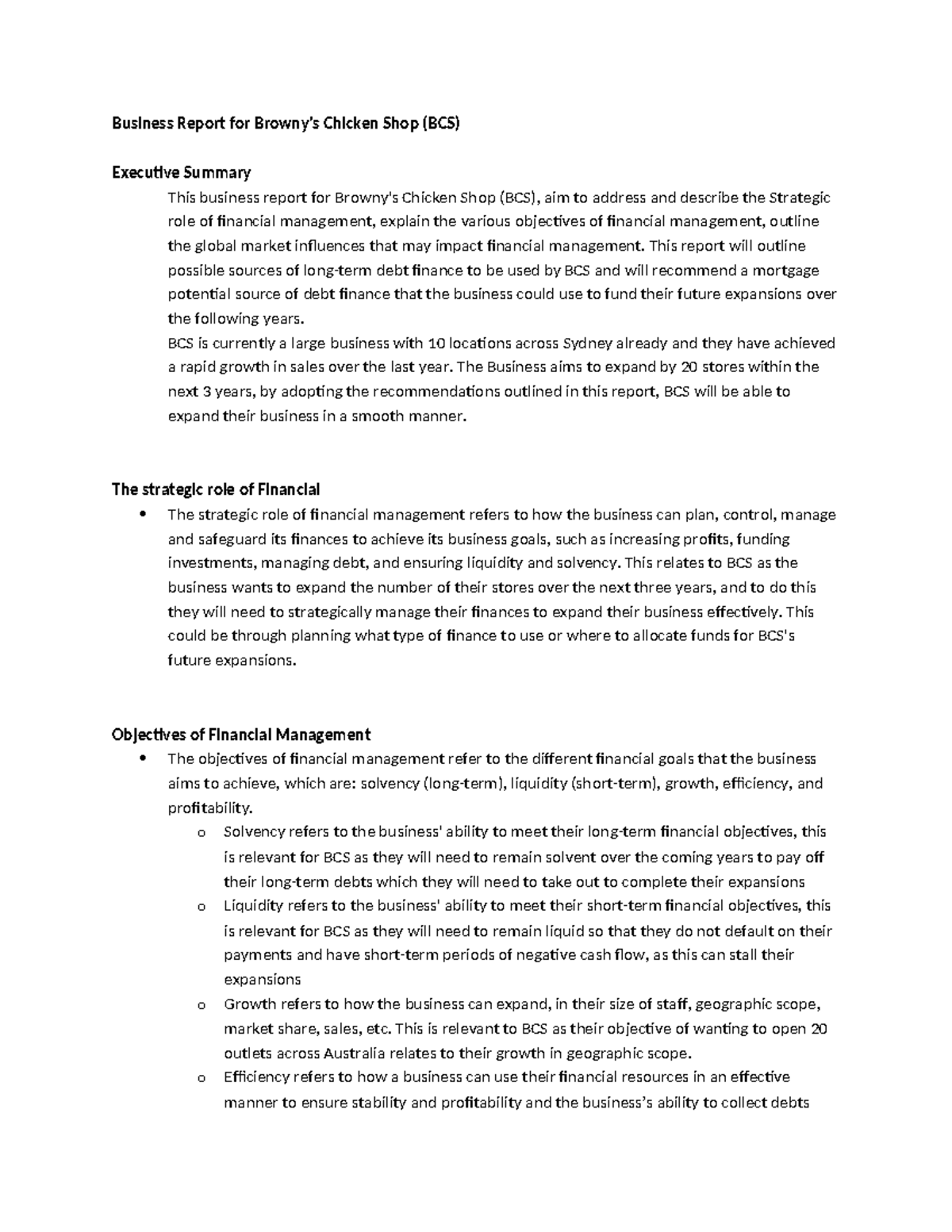 BCS business report - Business Report for Browny's Chicken Shop (BCS ...