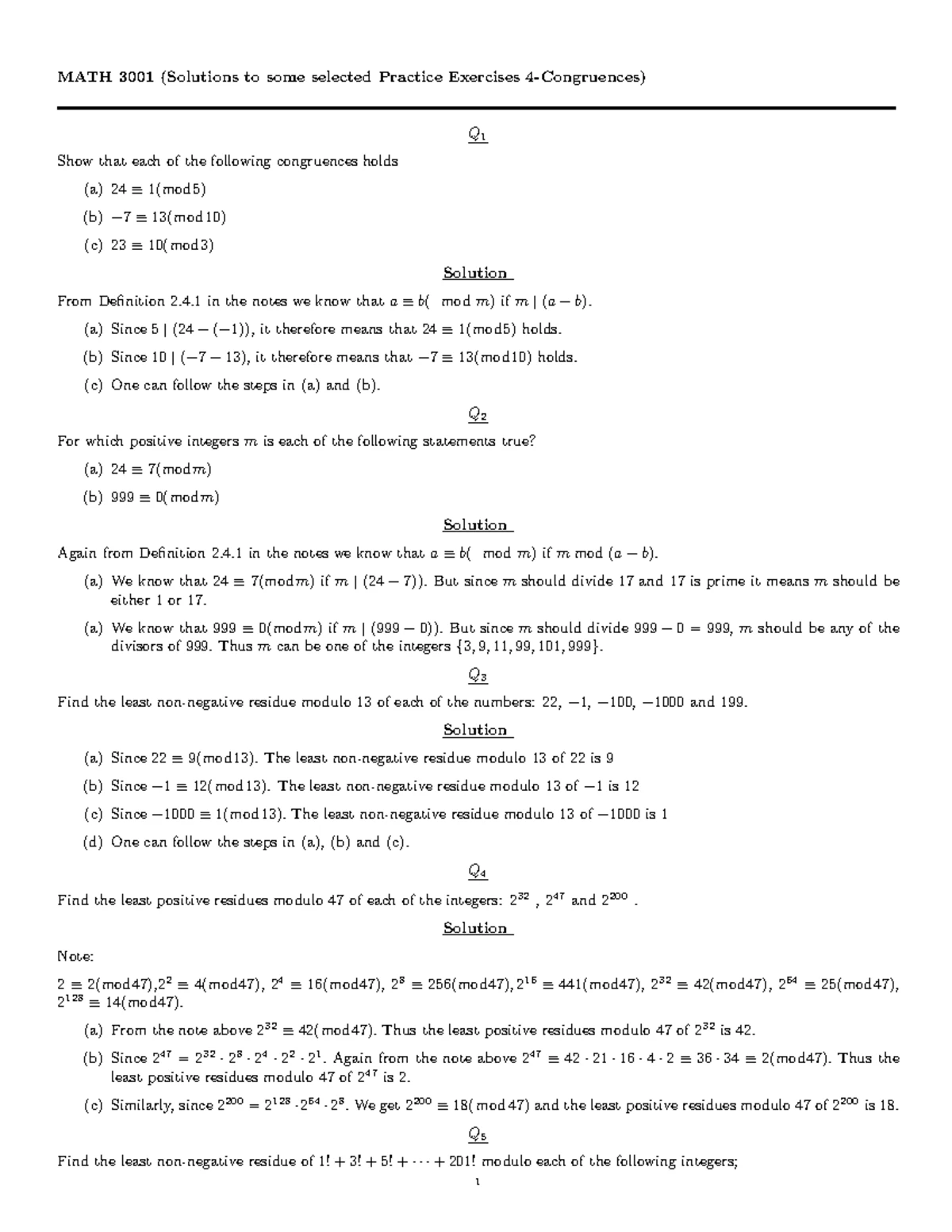 MATH 3001 Final Exam Solutions Tutorial 5: Congruences Part 2 - Studocu
