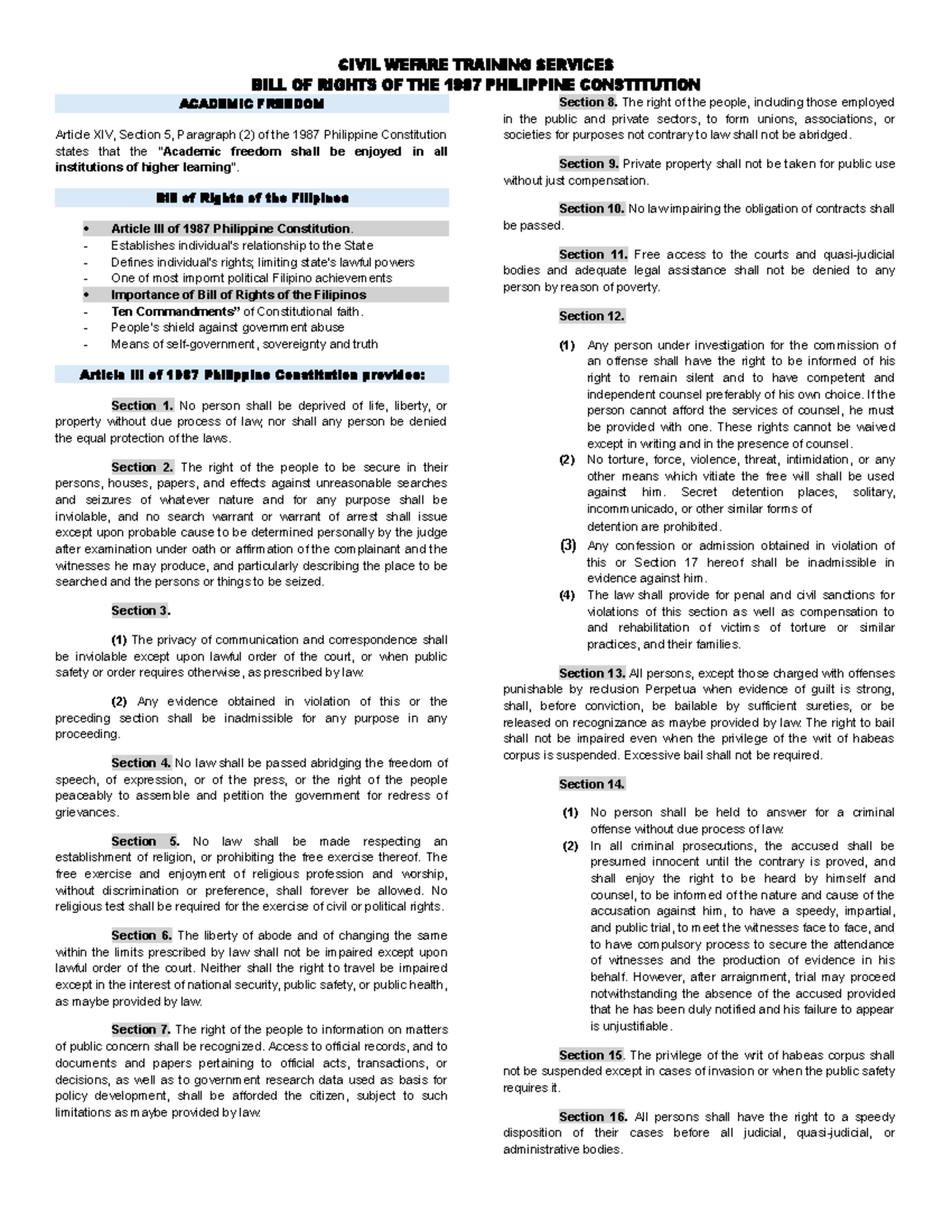 CWTS Lesson 2: Bill of Rights in the 1987 Philippine Constitution - Studocu