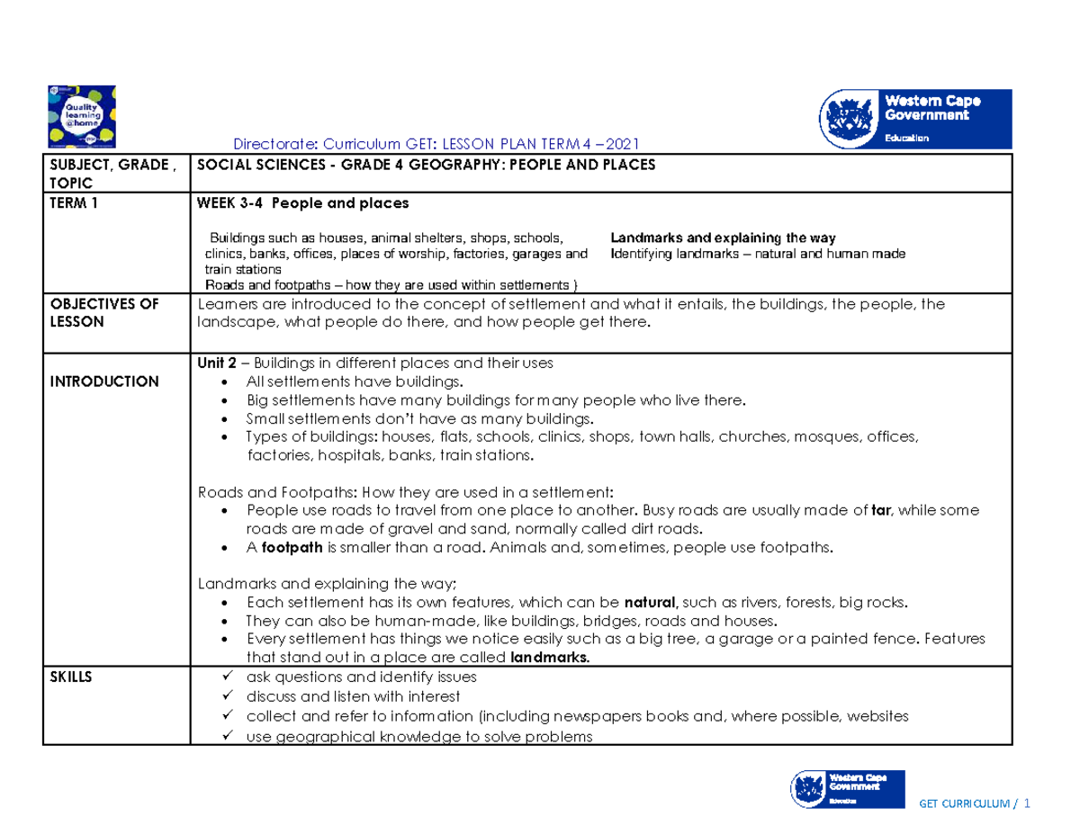 GET: Lesson Plan Term 4 2021 - Grade 4 Geography: People & Places - Studocu