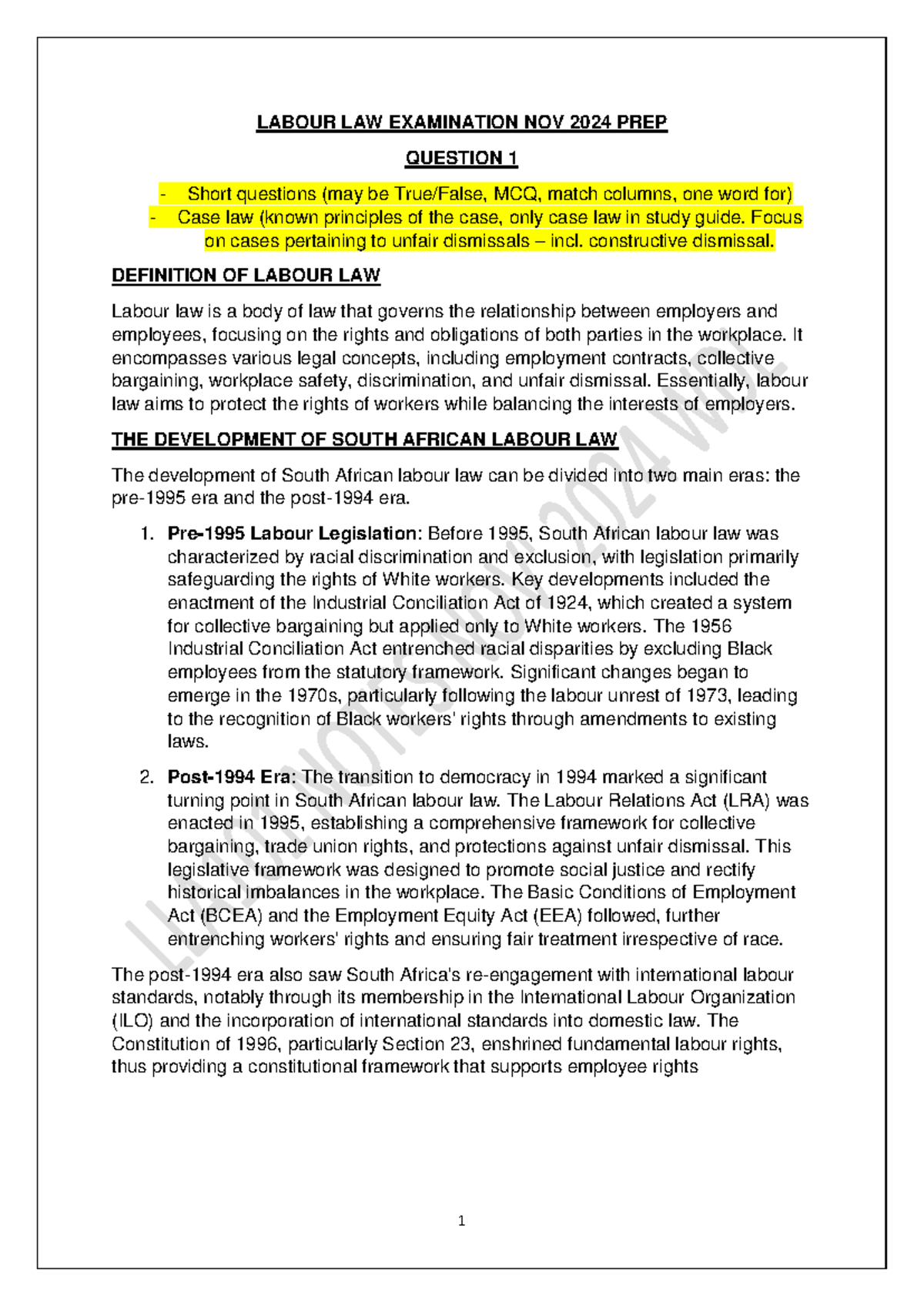 LABOUR LAW EXAMINATION NOTES NOV 2024: UNFAIR DISMISSALS & CASE LAW ...
