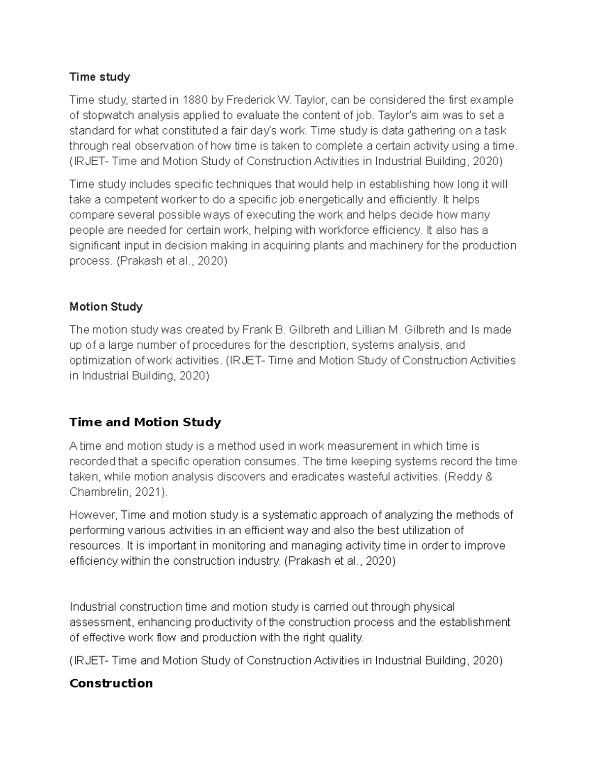 RRL: Time and Motion Study in Industrial Construction Efficiency - Studocu
