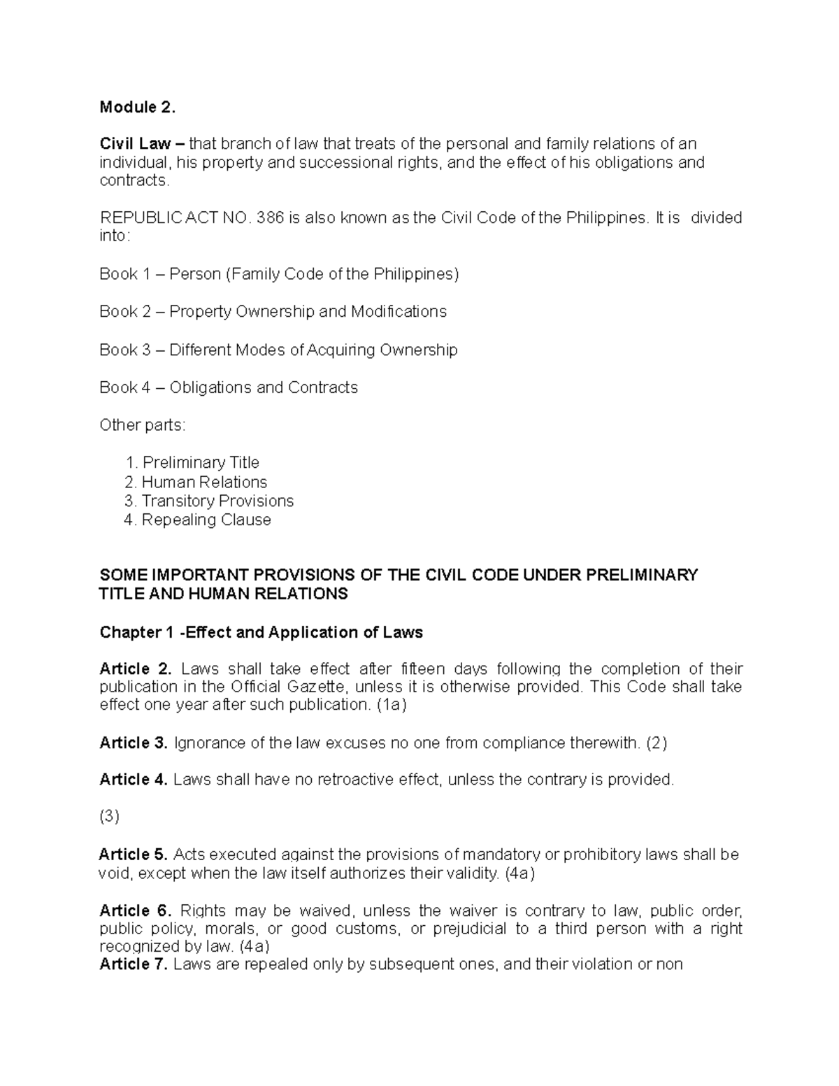 Module 2 - Civil Law Overview and Key Provisions - Studocu