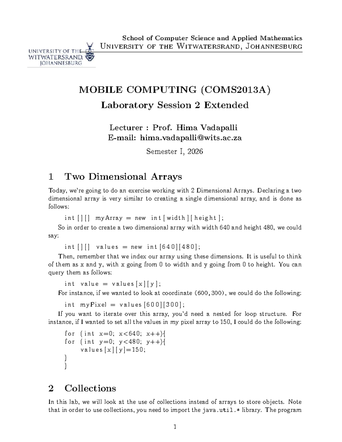 MC Lab 2 Extended (COMS2013A): Working with 2D Arrays & Collections ...