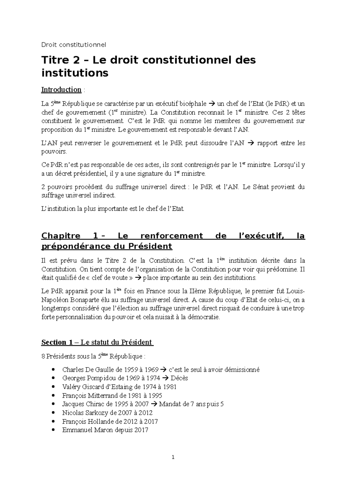 Droit Constitutionnel - Chapitre 1: L'exécutif et le Président en ...