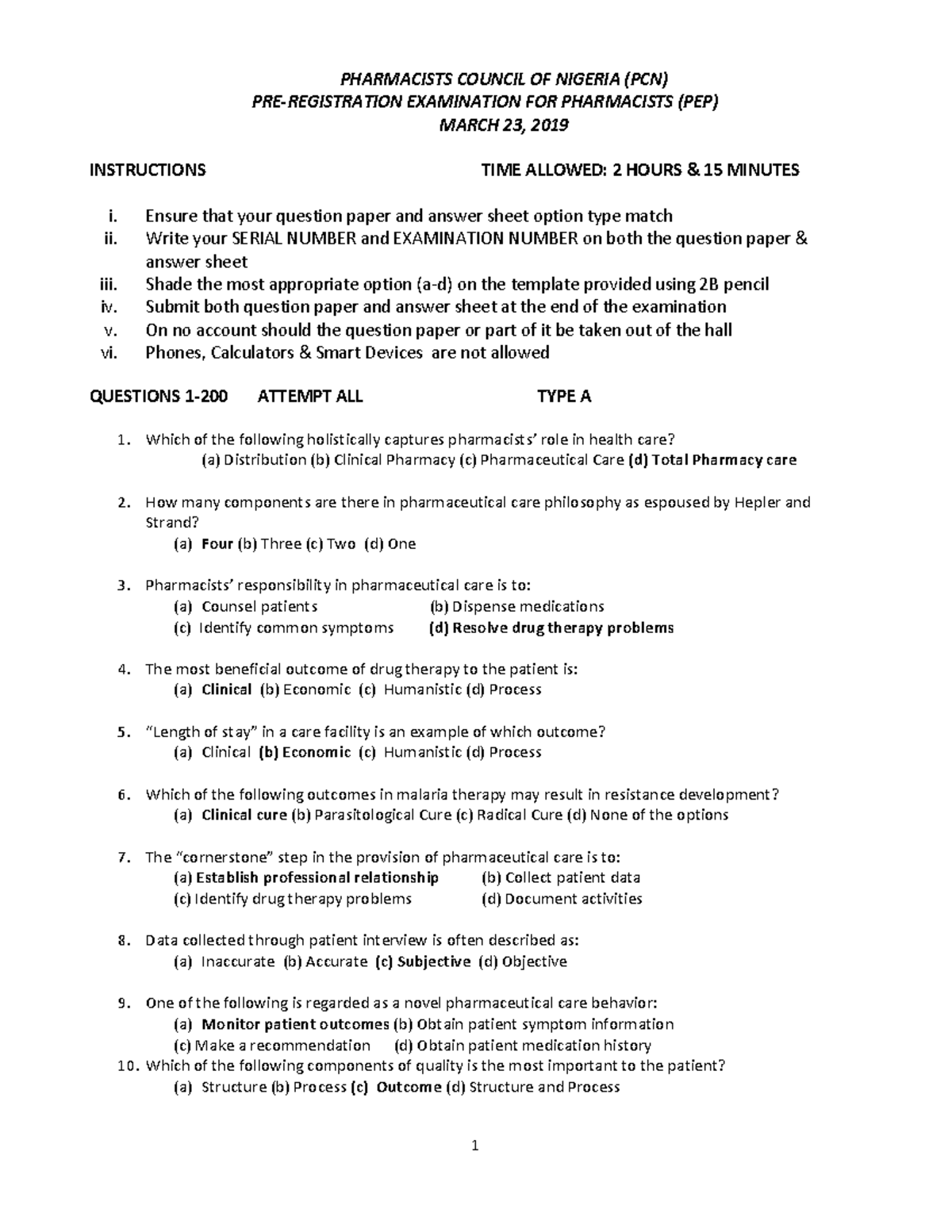 PEP Examination Questions for Pharmacists - March 2019 - Studocu