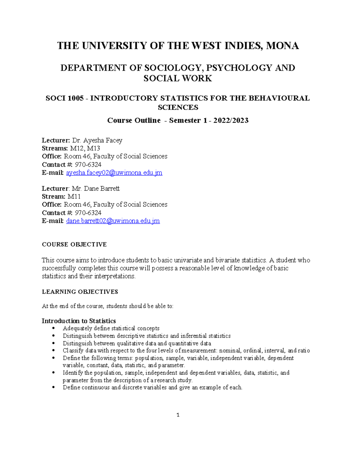 SOCI 1005 Introductory Statistics for Behavioral Sciences - Course ...
