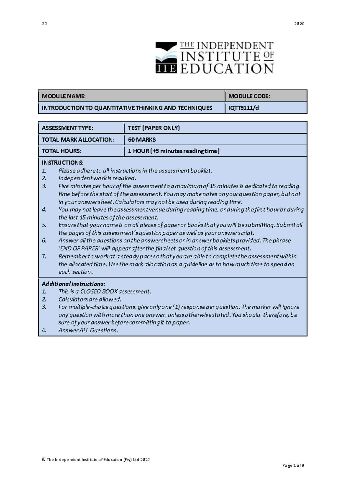 IQTT5111 - Practice Material for Quantitative Thinking Test Preparation ...