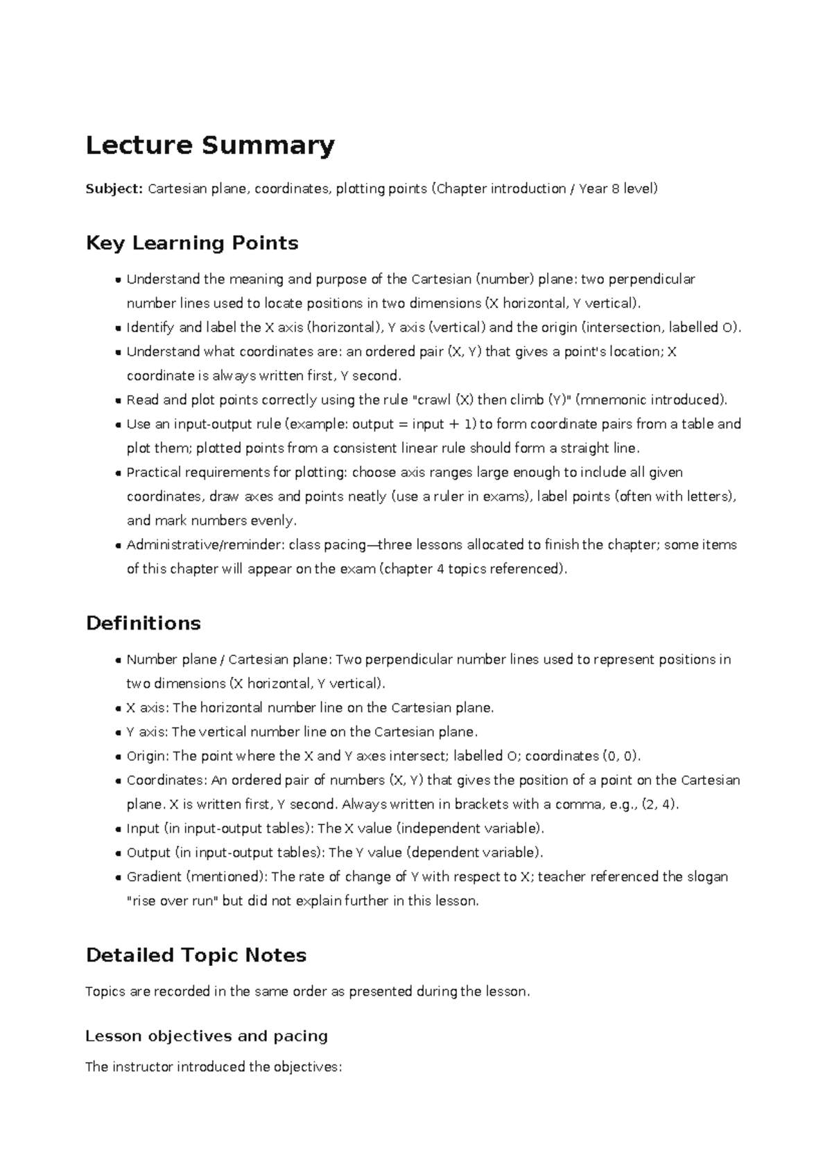 Year 8 Lecture Summary: Cartesian Plane and Coordinates - Studocu