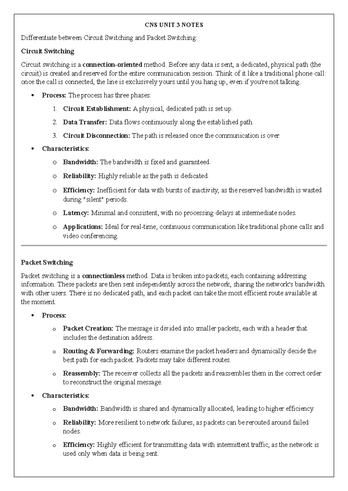 CNS UNIT 3 NOTES: Circuit vs Packet Switching Explained - Studocu