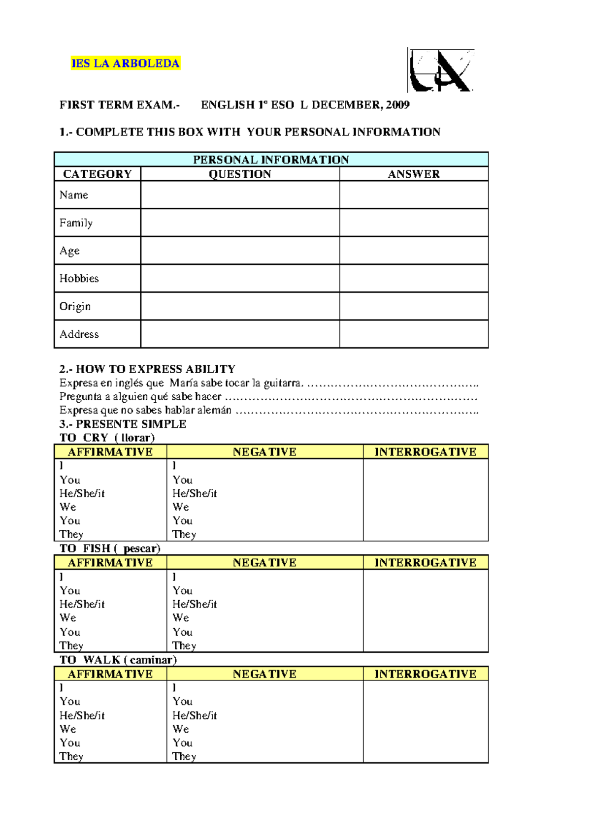 1º ESO English First Term Exam Unit 1 - December 2009 - Studocu