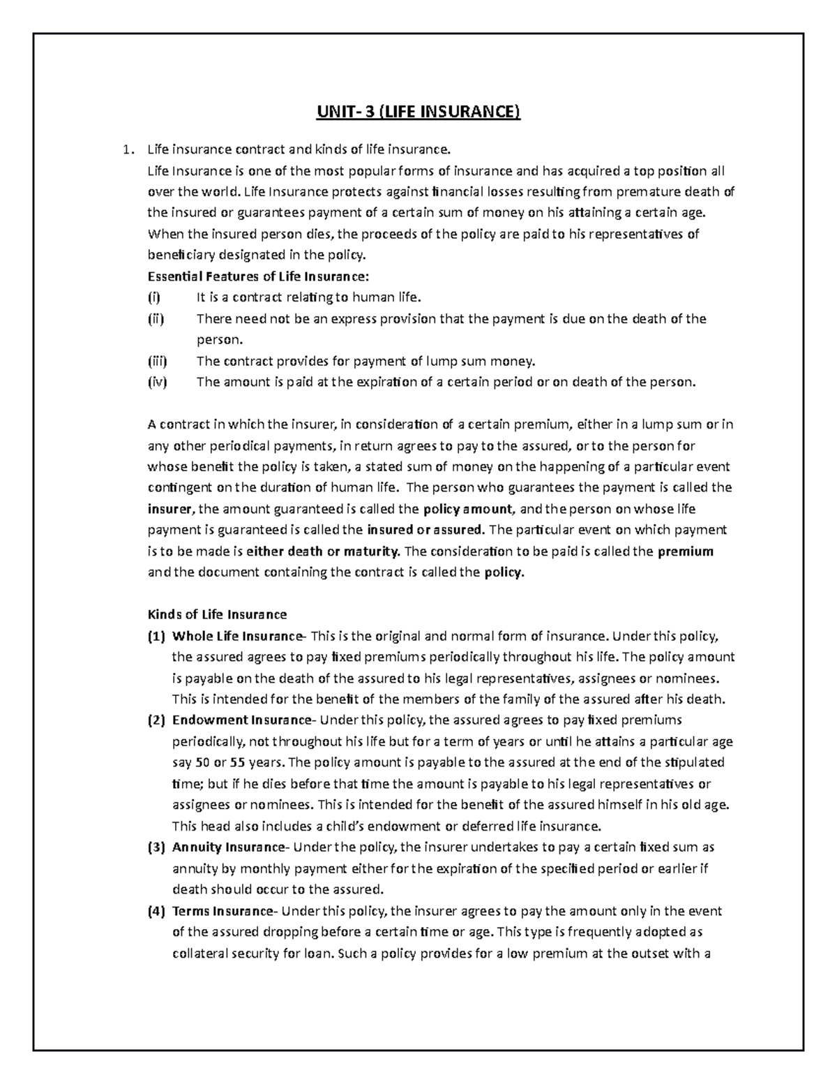 Life Insurance Notes: Key Concepts & Important Questions - Studocu