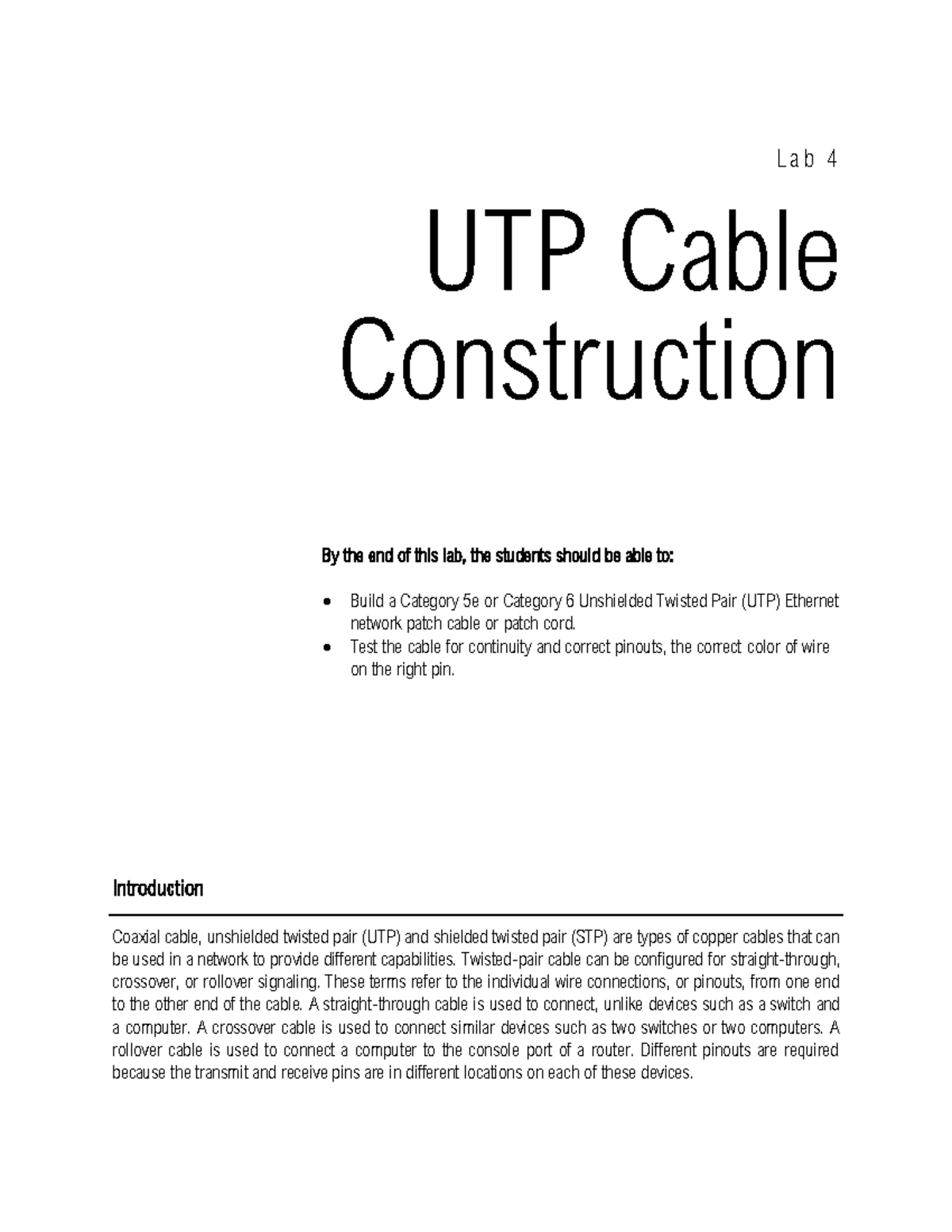 Lab 4: UTP Cable Construction and Testing Guide - Studocu