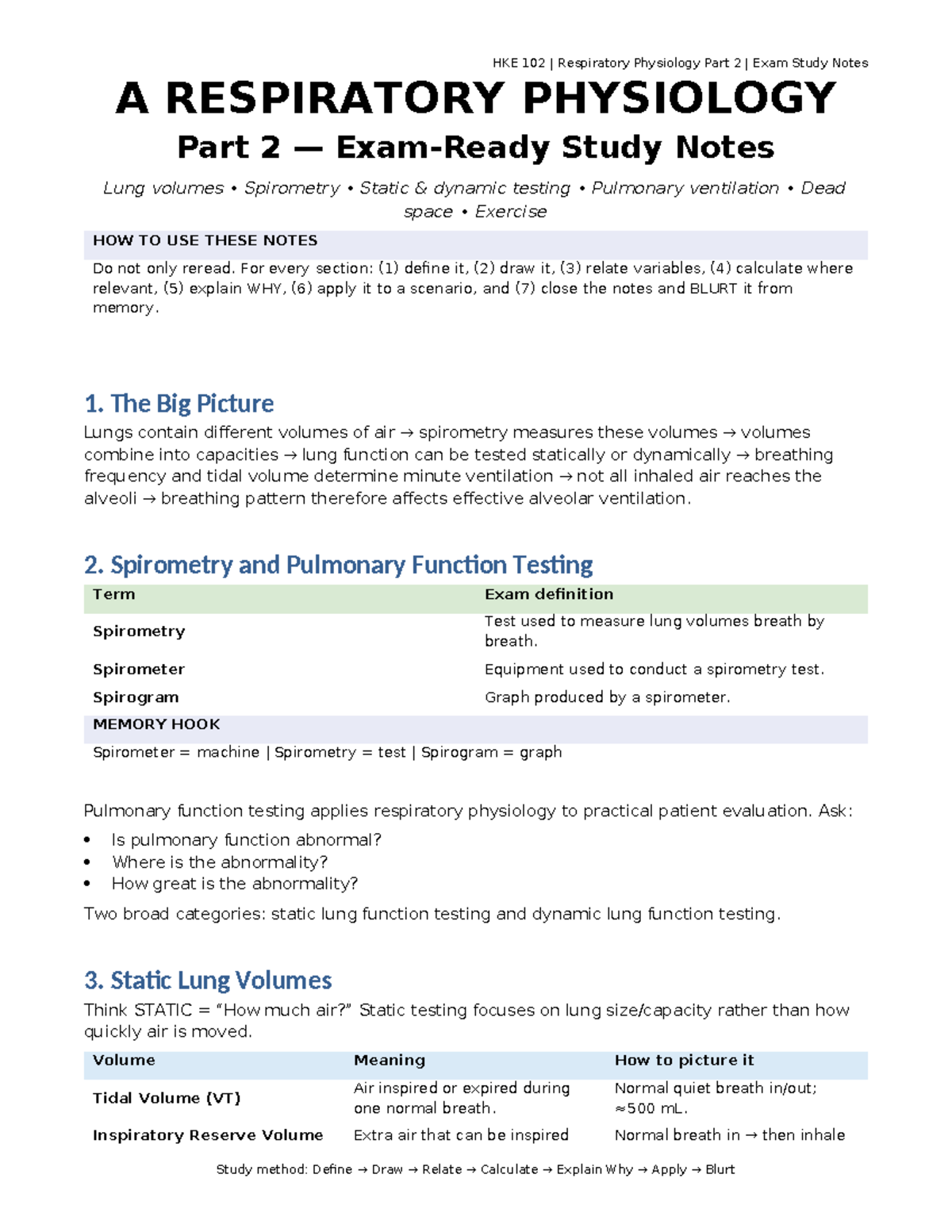 HKE 102 Respiratory Physiology Part 2 Exam Study Notes - Studocu