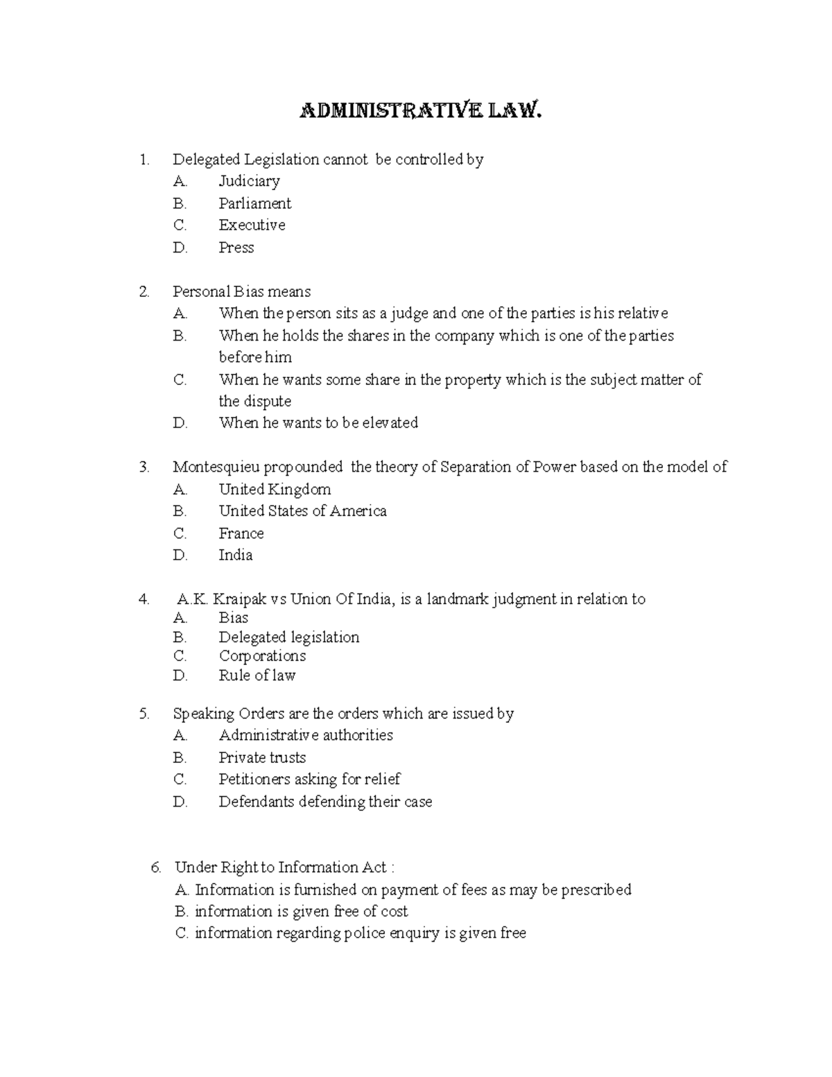 Sample MCQs for Administrative Law & Company Law - Sem III (LL.B) - Studocu