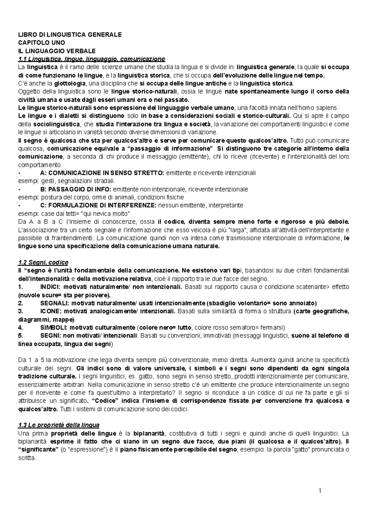 Linguistica Generale: Capitolo 1 - Il Linguaggio Verbale e ...