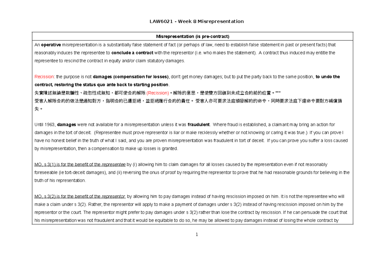 Overall Note week8 - Notes for Week 8 - Misrepresentation (is pre ...