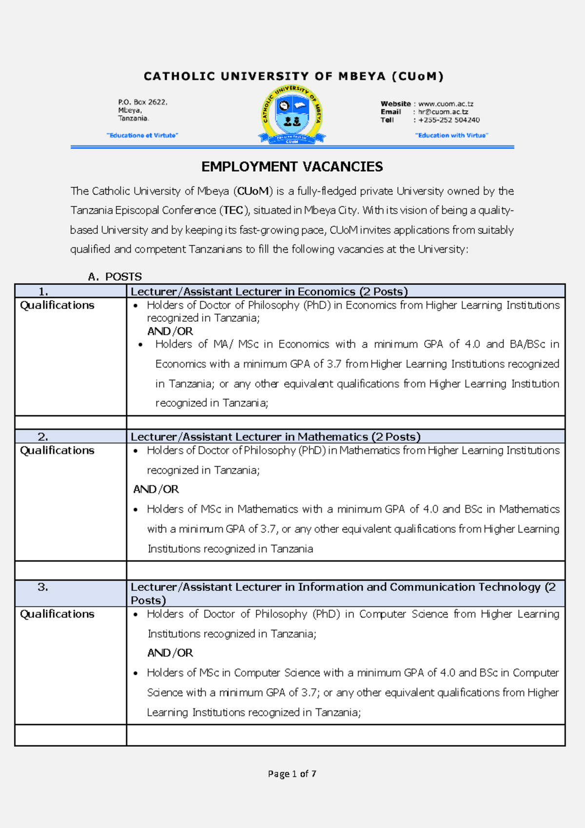CUoM Employment Vacancies Announcement - Sept 2024 No. 2 - Studocu