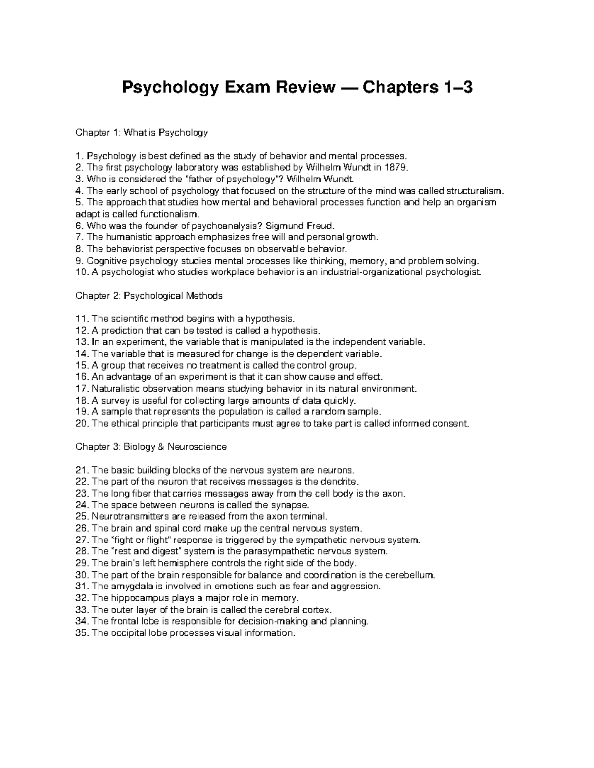 Psychology Exam Review: Chapters 1-3 (Psych 101) - Studocu