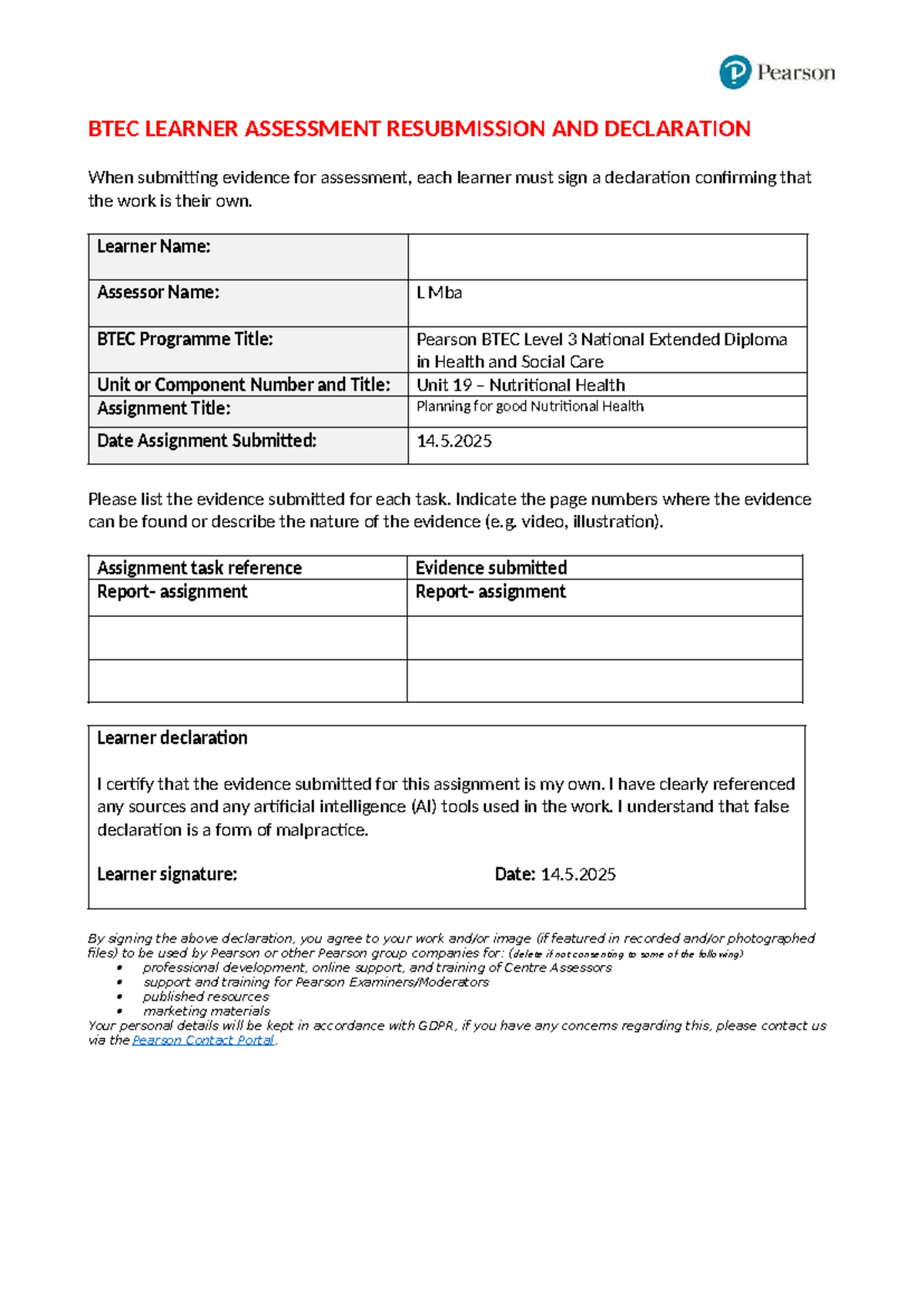 BTEC Level 3 Unit 19 Ass 2 - Learner Declaration for Resubmission - Studocu