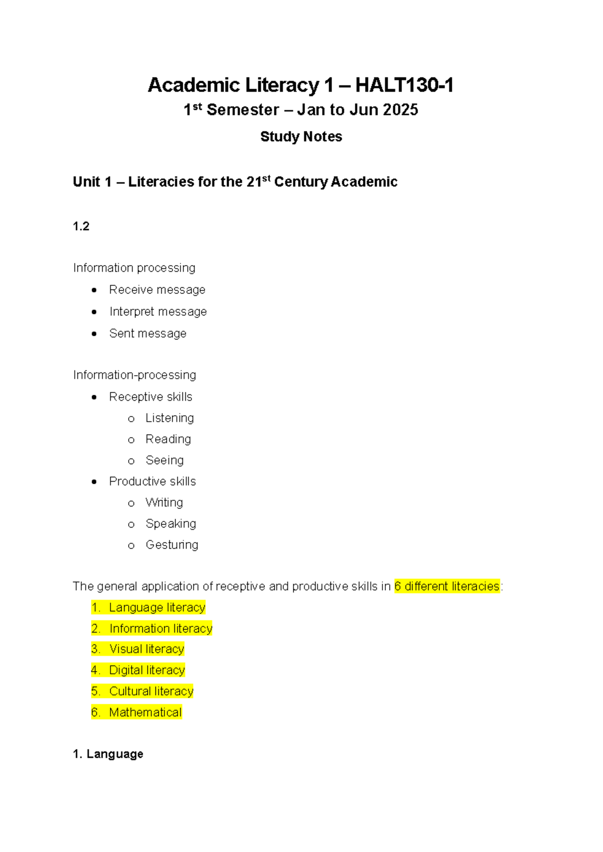 HALT130-1 Study Notes: Academic Literacy for 21st Century Skills - Studocu