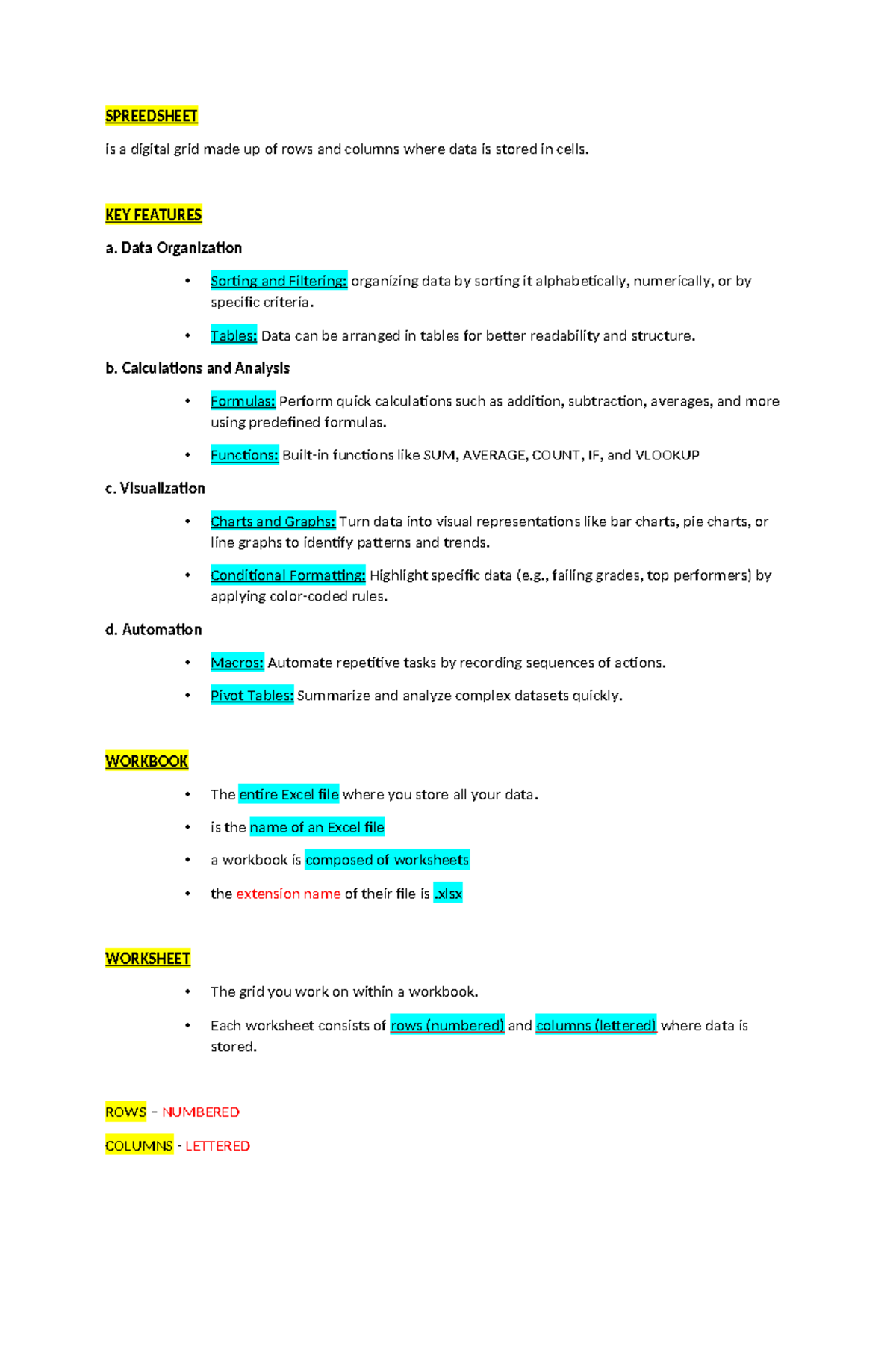 IT 101 - Excel Basics: Features, Functions, and Formatting Guide - Studocu