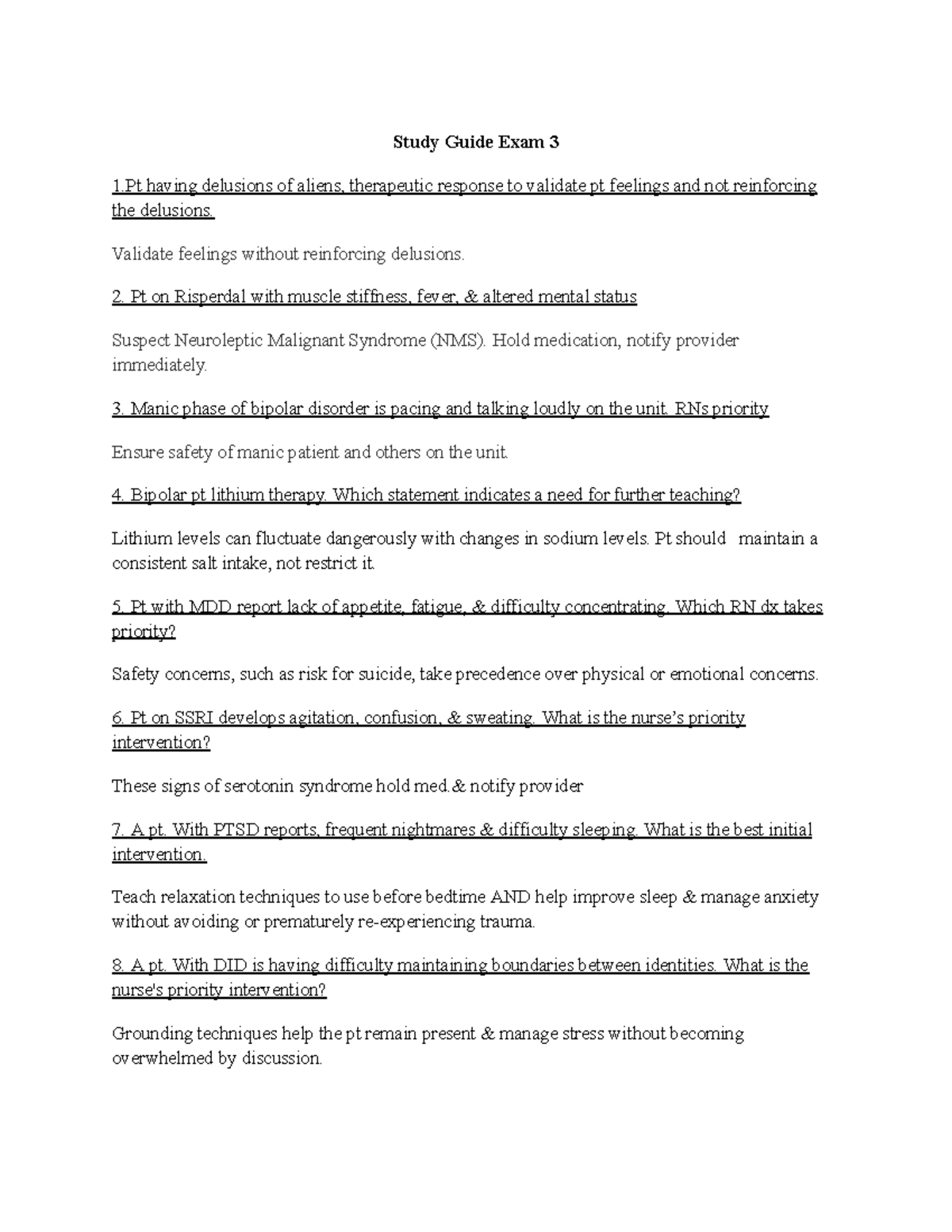 Mental Health NUR 301 Exam 3 Study Guide: Key Interventions - Studocu