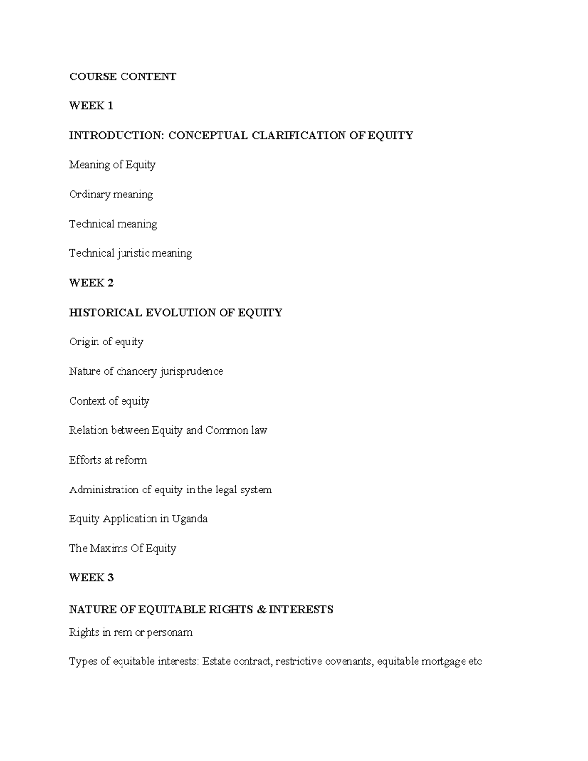 Course Content: Equity and Trust Overview (Wk 1-14) - Studocu