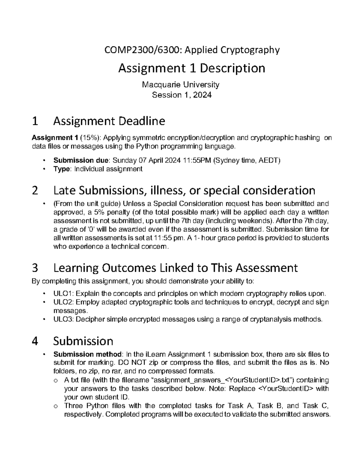 COMP2300/6300 Assignment 1: Symmetric Encryption & Hashing Tasks - Studocu
