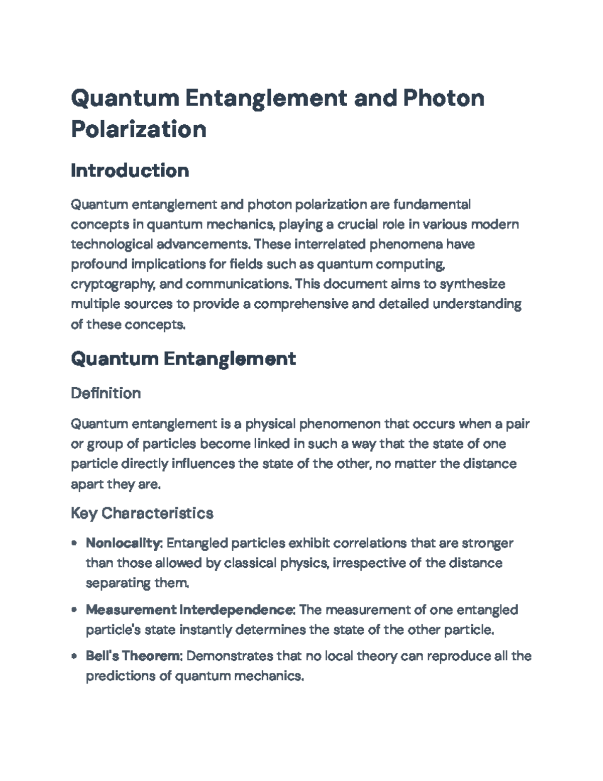 Quantum Entanglement and Photon Polarization: Principles and ...