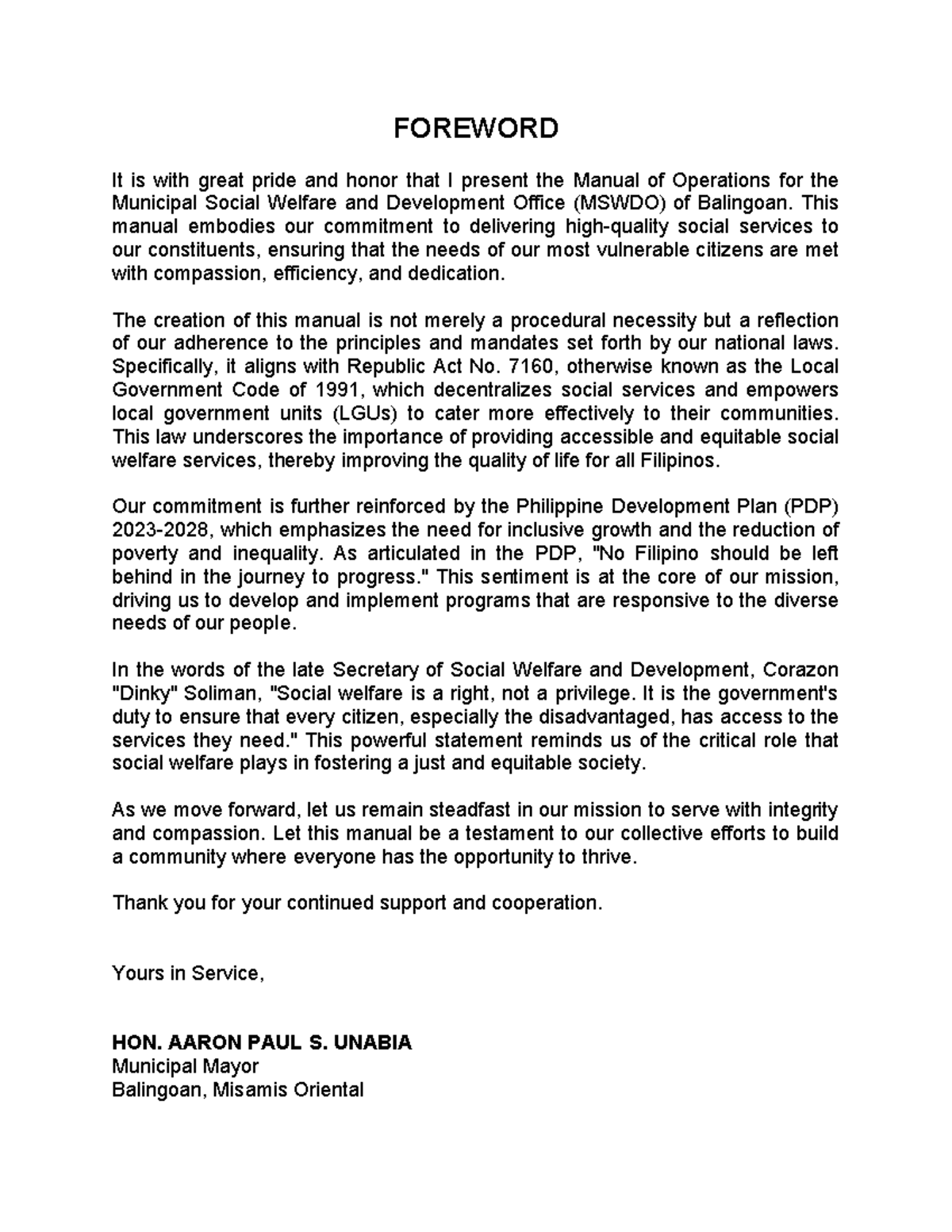 MSWDO Manual of Operations: Commitment to Social Services - Studocu