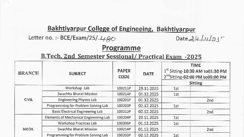 BCE B.Tech 2nd Sem Practical Exam Schedule 2025 - Studocu
