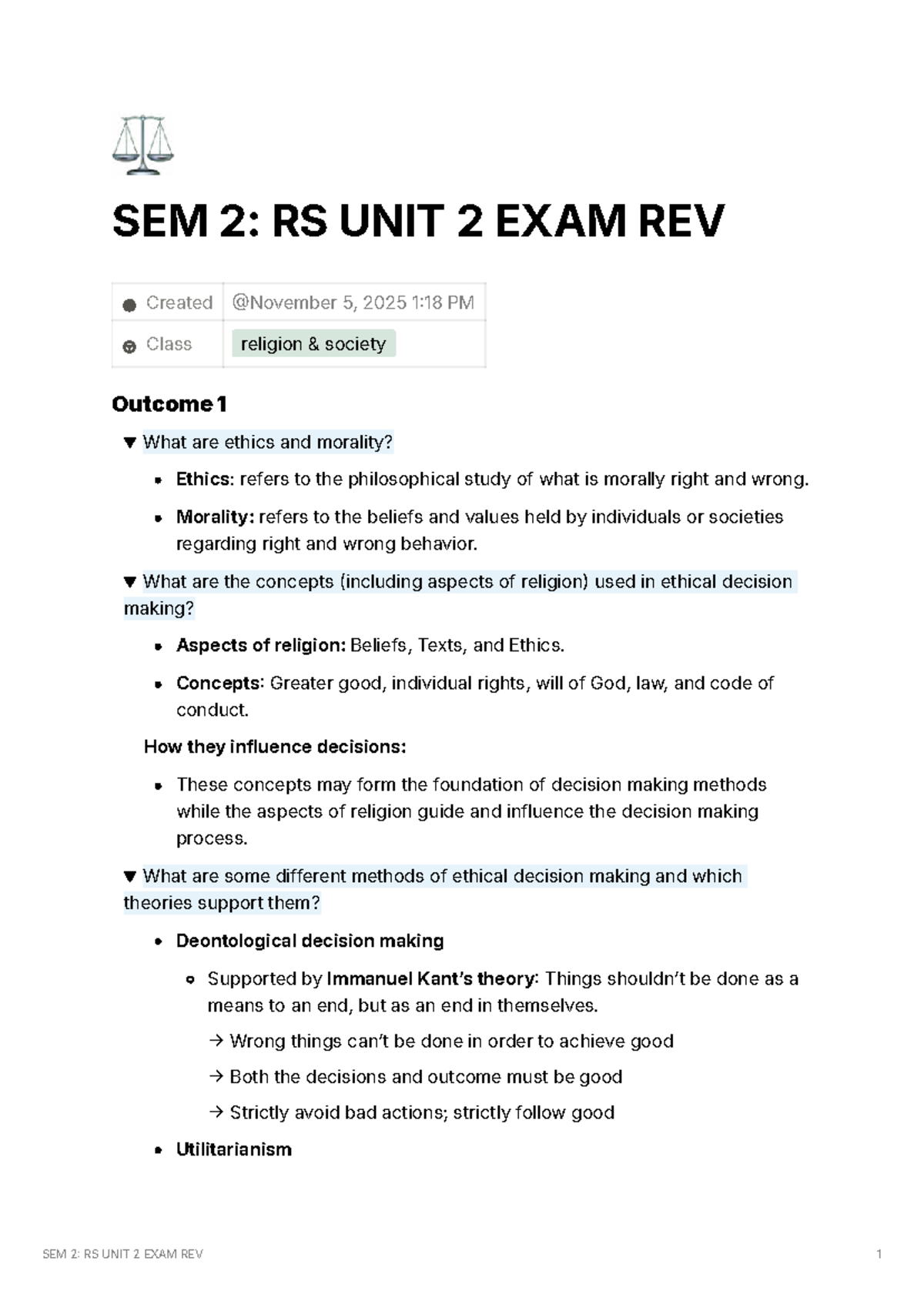 SEM 2: RS UNIT 2 EXAM REV - Ethics and Moral Decision Making - Studocu