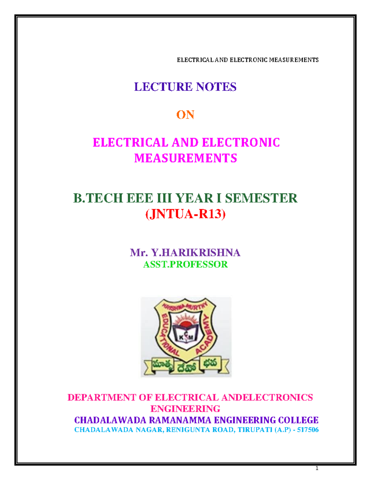 EEM 301: Lecture Notes on Electrical & Electronic Measurements - Studocu