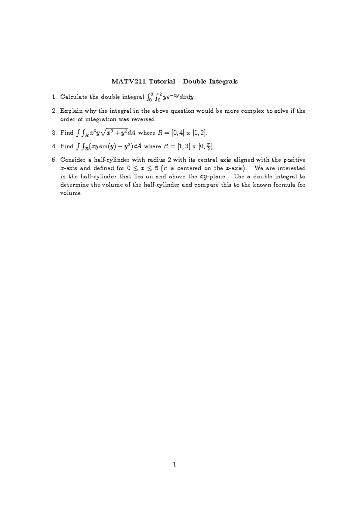 MATV211 Tutorial: Double Integrals and Volume Calculations - Studocu