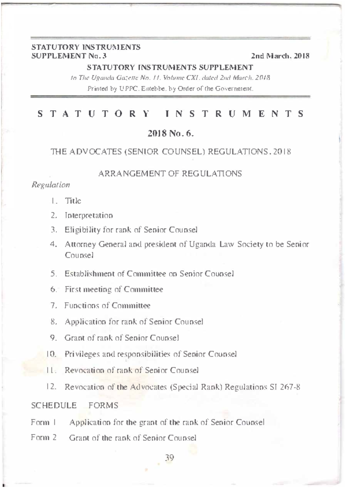 Advocates (Senior Counsel) Regulations, 2018 - Statutory Instrument S.I ...