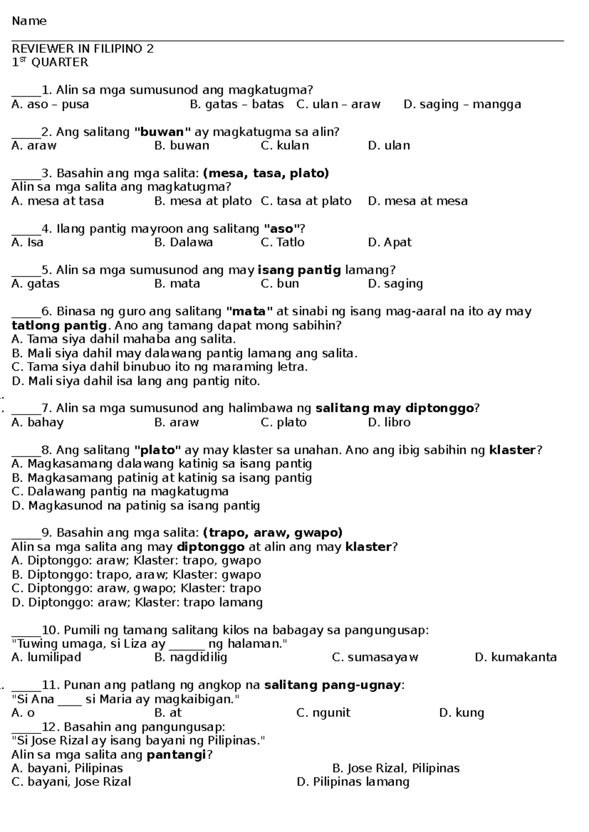 Reviewer IN Filipino 2 1st Quarter: Mga Katanungan at Sagot - Studocu