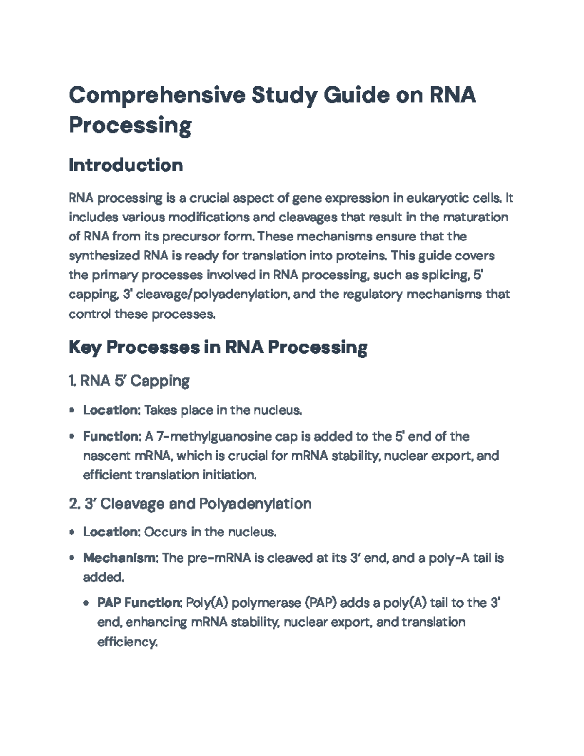 RNA Processing: Comprehensive Study Guide for Molecular Biology - Studocu