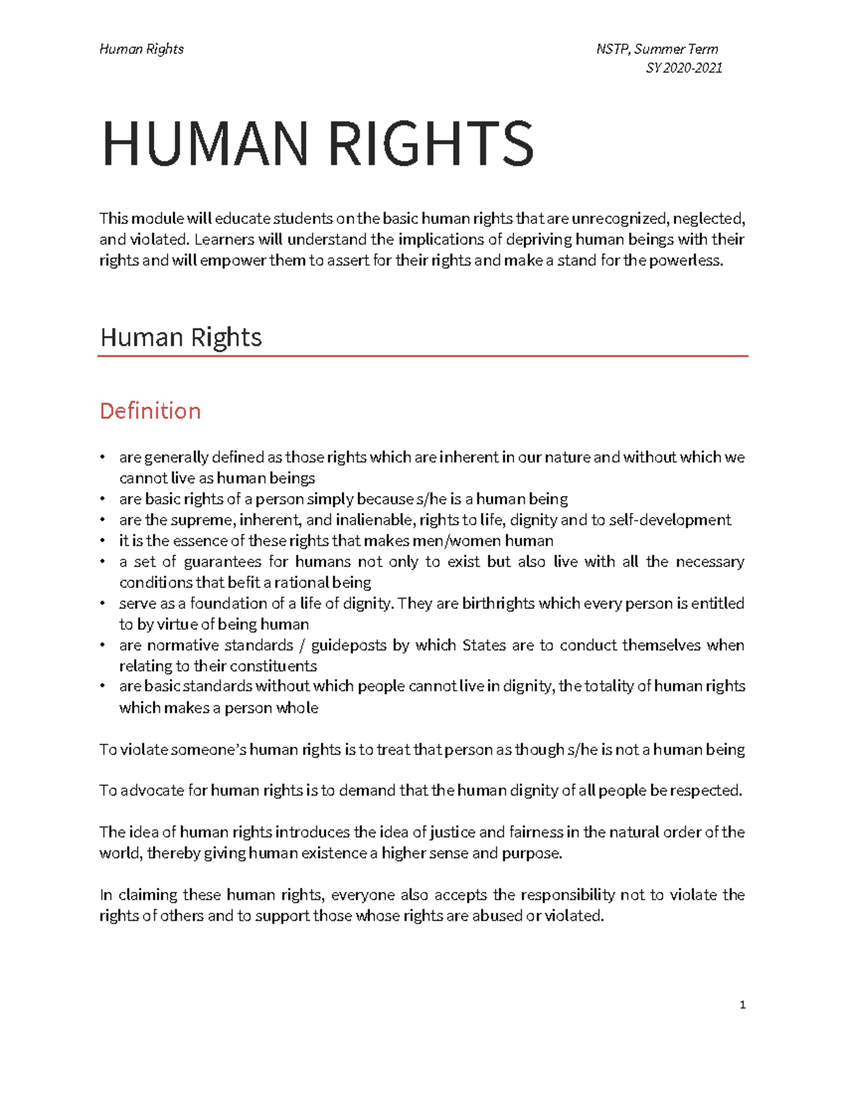 NSTP Human Rights Overview and Key Concepts for SY 2020-2021 - Studocu