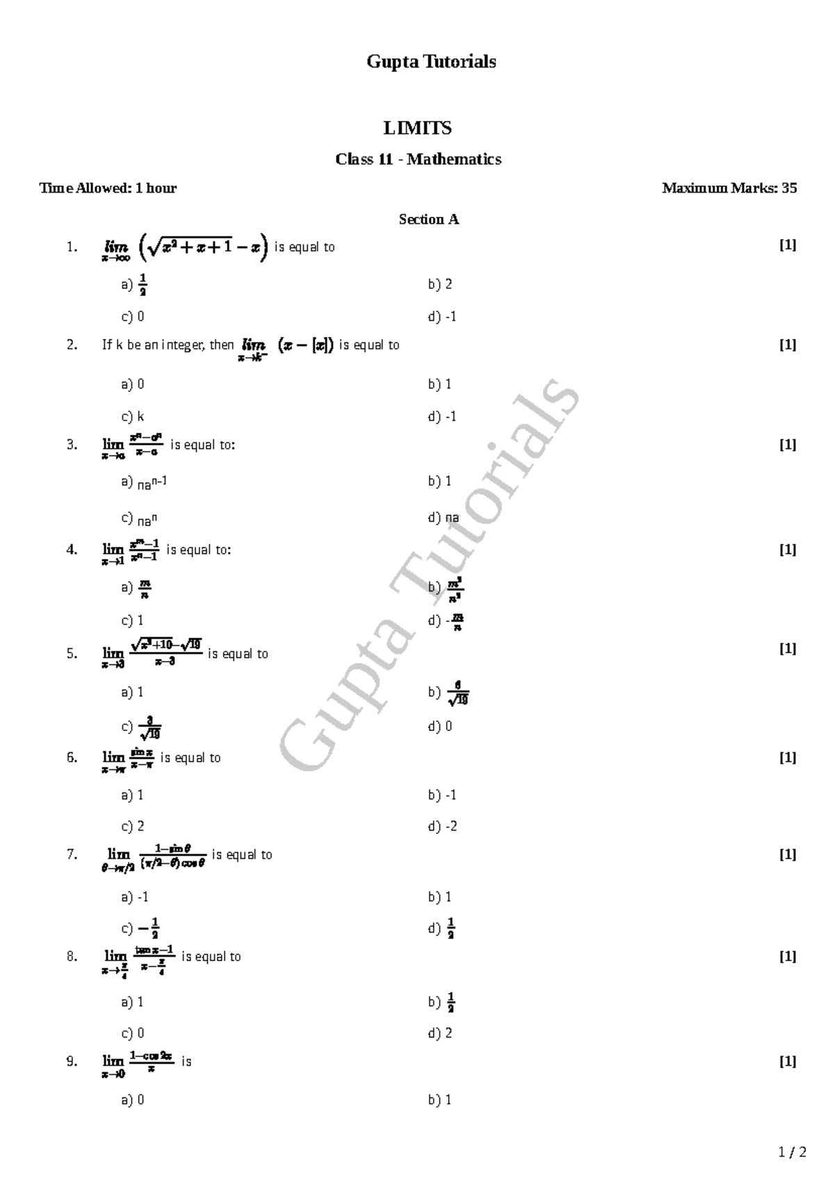 Limits Practice Questions - Class 11 Mathematics - Studocu