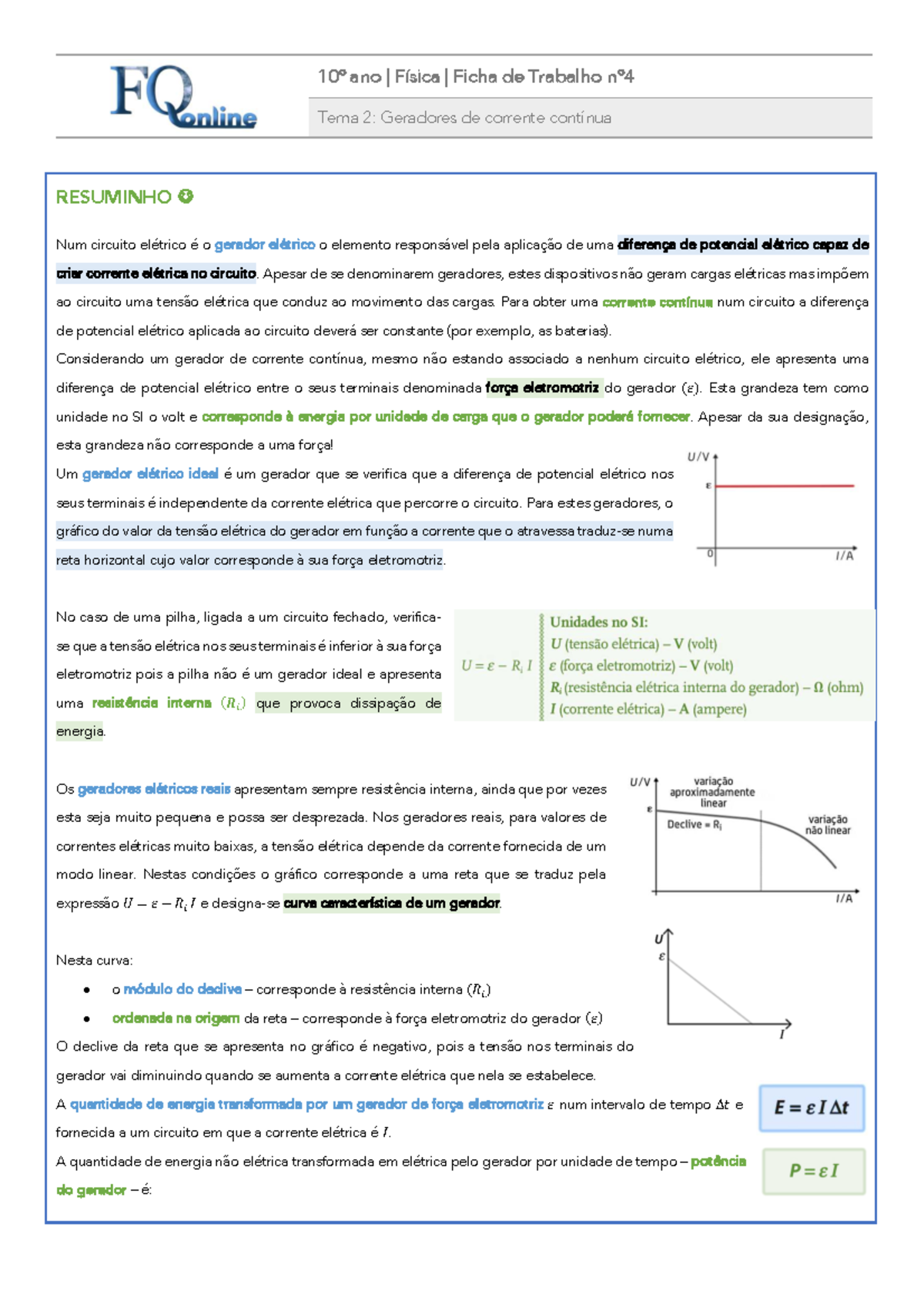 10º Ano Física - Ficha de Trabalho nº4: Geradores de Corrente Contínua - Document Preview