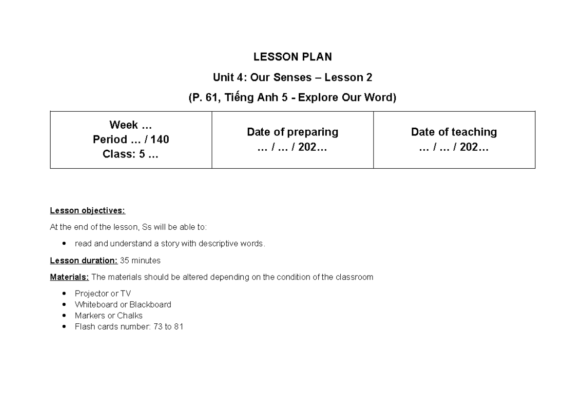LESSON PLAN Unit 4: Our Senses - Lesson 2 (Tiếng Anh 5) - Studocu