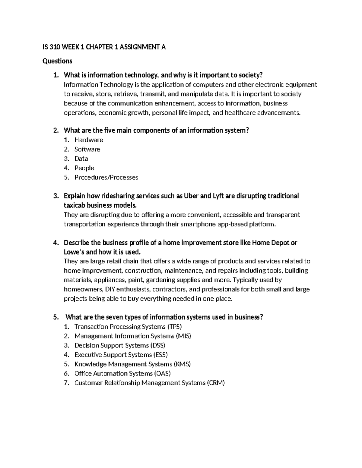 IS 310 WEEK 1 Chapter 1 Assignment A - IS 310 WEEK 1 CHAPTER 1 ...
