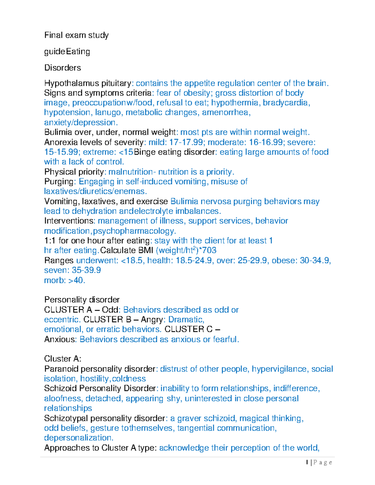 Eating Disorders (NURS 101) Final Exam Study Guide - Studocu