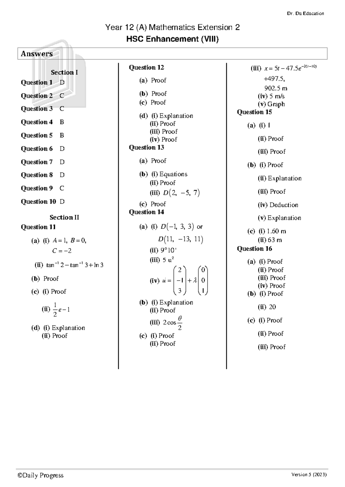 Dr. Du Year 12 (A) 4U Mathematics Ext 2 HSC Answers & Proofs - Studocu