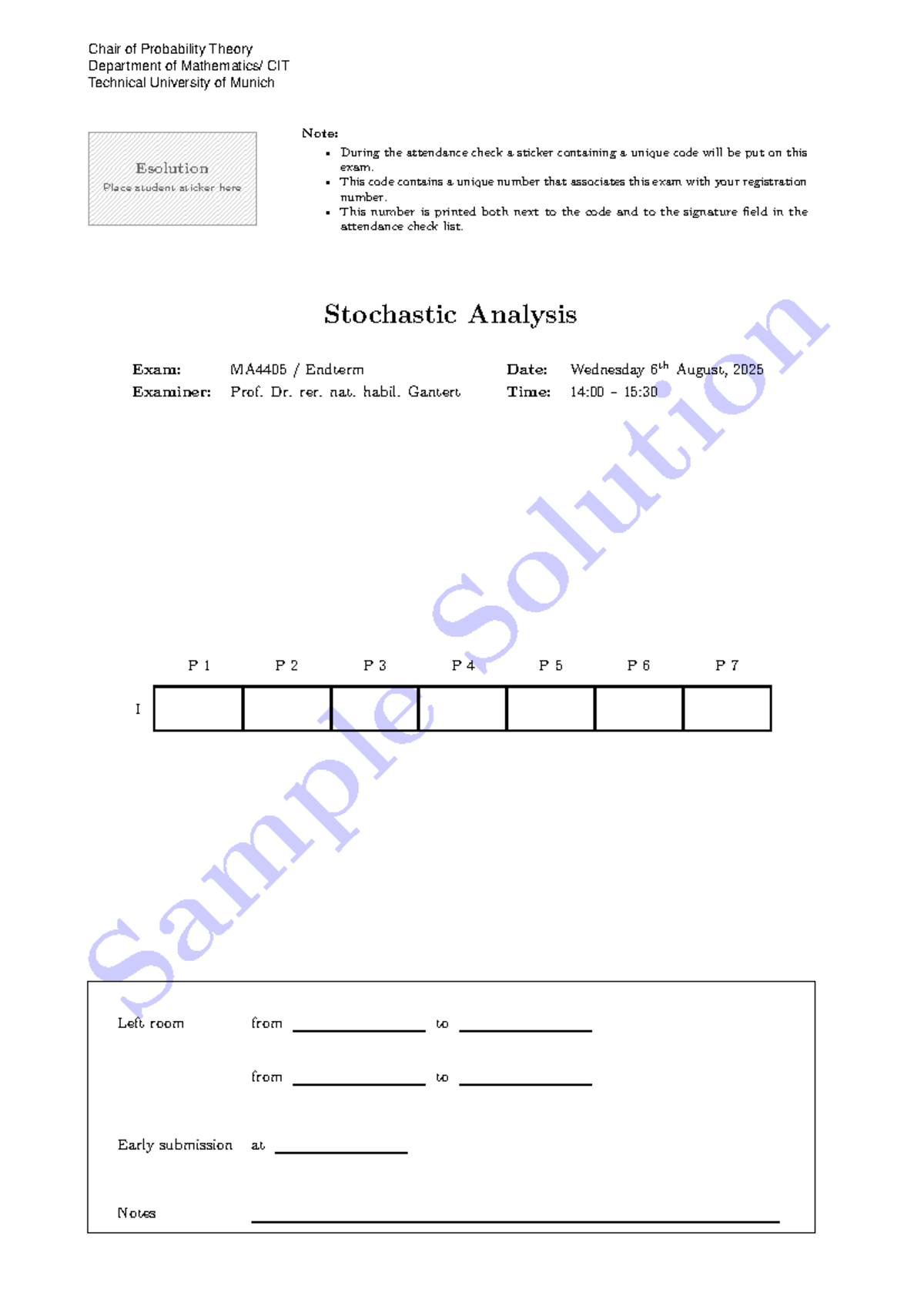 Final Exam Solutions for Stochastic Analysis MA4405 - 2025 - Studocu