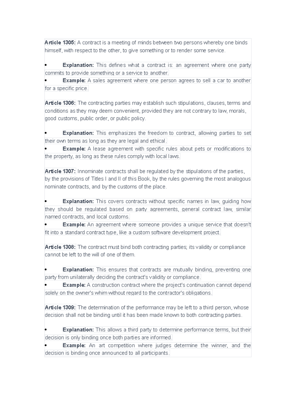 Article 1305-1423: Summary of Contract Law Principles and Examples ...