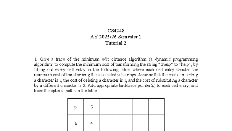 CS4248 Tutorial 2 - 1 CS AY 2025/26 Semester 1 Tutorial 2 Give a trace ...